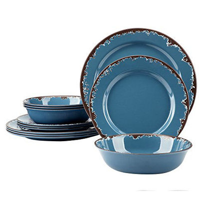 Picture of Melamine Camping Dinnerware Set - Yinshine 12 PCS Dinner Dishes Set Service for 4, Blue