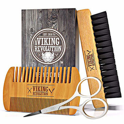 Picture of Viking Revolution Beard Comb & Beard Brush Set for Men - Natural Boar Bristle Brush and Dual Action Pear Wood Comb w/Velvet Travel Pouch - Great for Grooming Beards and Mustaches