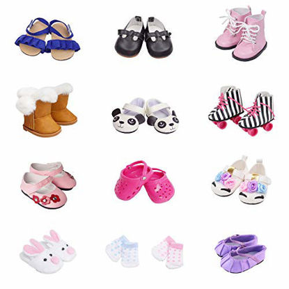 Picture of Etistta 6 Pairs of Shoes + 2 Pairs of Socks Fits for 18 inch Doll Shoes American Dolls Accessories Get Panda or Unicorn Shoes and Boots or Skates