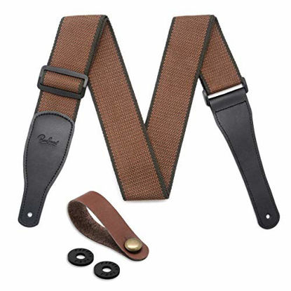 Picture of Guitar Strap 100% Soft Cotton & Genuine Leather Ends Guitar Shoulder Strap With Guitar Strap Lock and Button Headstock Adaptor (Coffee)