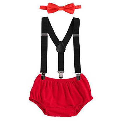 Picture of Baby Boys Cake Smash Outfit First Birthday Bloomers Bowtie Suspenders Clothes set Black & Red One Size