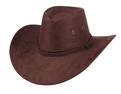 Picture of UwantC Mens Faux Felt Western Cowboy Hat Fedora Outdoor Wide Brim Hat with Strap Coffee