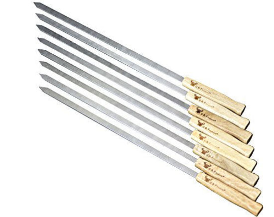 Picture of 17-Inch Long, Large Stainless Steel Brazilian-Style BBQ Skewers with hard wood Handle, Kebab Kabob Skewers, 3/8 Inch Wide Blade, Set of 8 Skewer with heavy duty Travel Bag