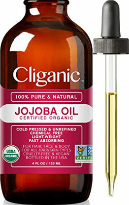 Picture of Cliganic USDA Organic Jojoba Oil, 100% Pure (4oz Large) | Natural Cold Pressed Unrefined Hexane Free Oil for Hair & Face | Base Carrier Oil | Cliganic 90 Days Warranty