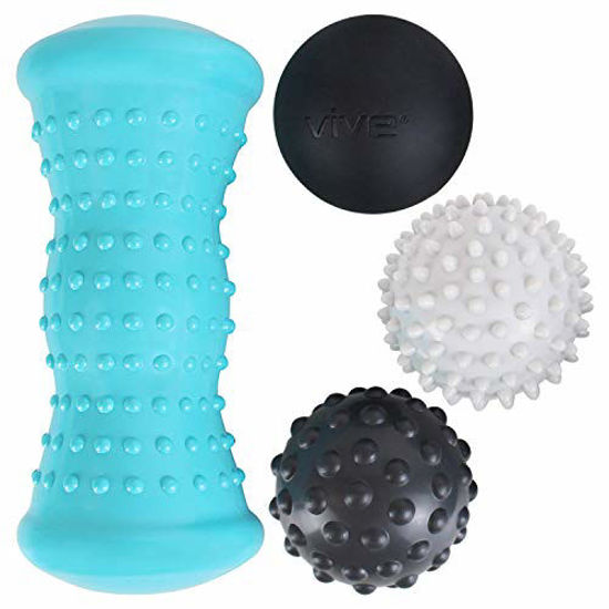Picture of Vive Massage Ball Set (4 Piece) - Foot Pain Hot Cold Therapy Kit - Plantar Fasciitis, Heel Spur, Sore Muscles, Trigger Point - Back, Arm, Neck, Shoulder, Leg Circulation Roller - PT Spike Massager