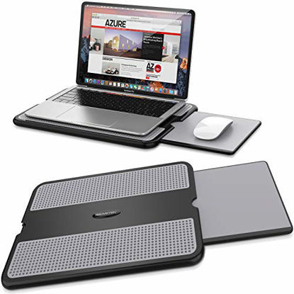Picture of AboveTEK Portable Laptop Lap Desk w/ Retractable Left/Right Mouse Pad Tray, Non-Slip Heat Shield Tablet Notebook Computer Stand Table w/ Sturdy Stable Cooler Work Surface for Bed Sofa Couch or Travel