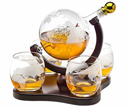 Picture of Whiskey Decanter Globe Set with 4 Etched Globe Whisky Glasses - for Liquor, Scotch, Bourbon, Vodka - 850ml