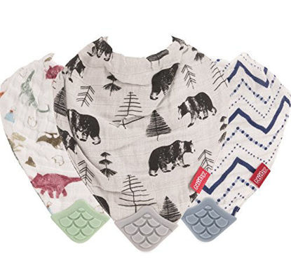 Picture of Nuby Reversible 100% Natural Cotton Muslin 3 Piece Teething Bib, Green/Grey/Blue, Dinosaur/Bear/Stripes