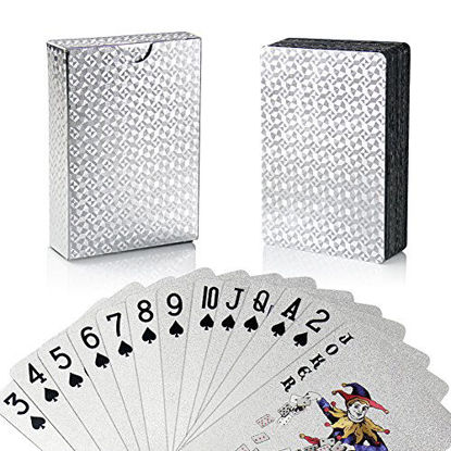 Picture of Joyoldelf Silver Foil Poker Playing Cards, Waterproof Deck Poker Card with Gift Box, Perfect for Party and Game