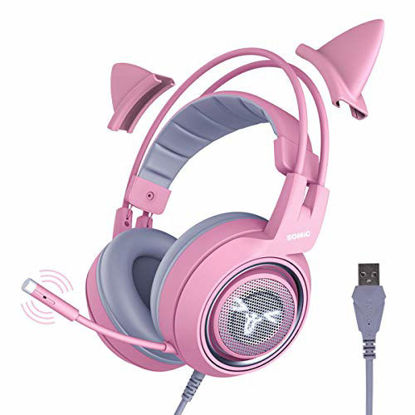 Picture of SOMIC G951pink Gaming Headset for PC, PS4, Laptop: 7.1 Virtual Surround Sound Detachable Cat Ear Headphones LED, USB, Lightweight Self-Adjusting Over Ear Headphones for Girlfriend Women