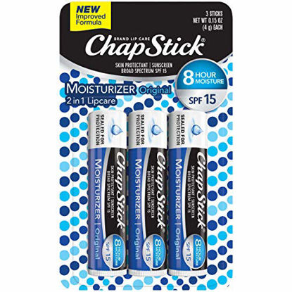 Picture of ChapStick Lip Moisturizer and Skin Protectant (Original Flavor, 1 Blister 3 Count) Lip Balm Tube, Sunscreen, SPF 15, 3 Count (Pack of 1)