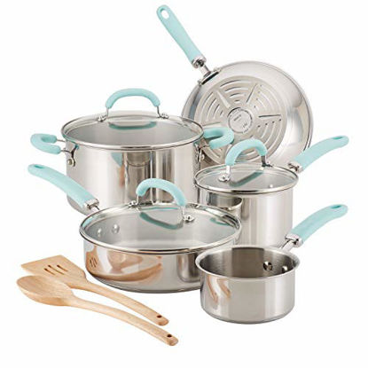 Picture of Rachael Ray Create Delicious Stainless Steel Cookware Set, 10-Piece Pots and Pans Set, Stainless Steel with Light Blue Handles