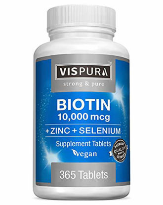 Picture of Biotin 10000 mcg Vitamin B7 + Zinc + Selenium, Pure, Vegan & Extra Strong, Best Supplement for Hair Growth, Glowing Skin, Strong Nails*, 365 Tablets for 12 Months, Natural Without Additives (2)