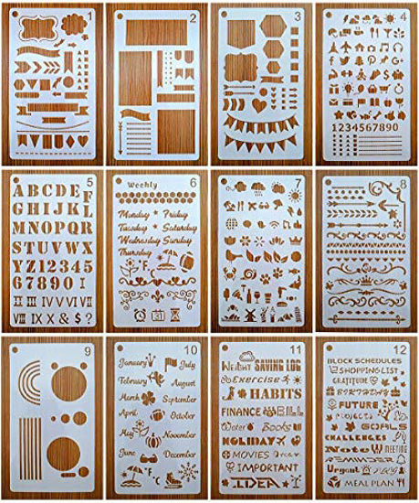 Picture of Journal Stencils, Journal Planner Stencils Set 12 Pack for A5 Notebook & Most Journals, Includes Letter Stencil, Number Stencils, Drawing Stencils, Icons, Charts, Shapes for Bujo