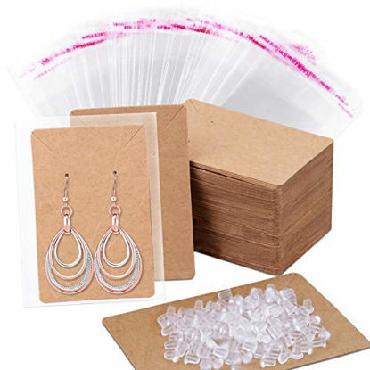 Picture of Earring Cards, Anezus 100 Pcs Earring Display Cards Earring Holder Cards with 200 Earring Backs and 100 Self- Sealing Bags for Earrings Necklace Jewelry Display, Kraft Color 3.5x2.4 Inches
