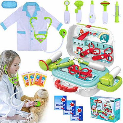 Picture of INNOCHEER Kids Doctor Kit 20 Pieces Pretend-n-Play Medical Toys Set with Roleplay Doctor Costume and Carry Case for Little Girls Ages 3+