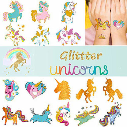 Picture of Ooopsi Unicorn Tattoos for Kids - 58 Gold Glitter Styles, Unicorn Party Favors and Birthday Decorations for Girls Boys