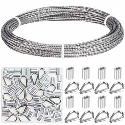 Picture of Favordrory Cable Railing Kits Includes 1/16 Inch x 33 Feet 304 Stainless Steel Wire Rope Cable, 50 Pieces Aluminum Crimping Sleeves and 12 Pieces Thimble for Railing, Decking, Picture Hanging