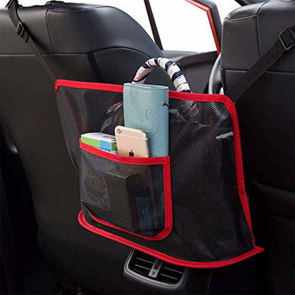 Picture of eing Back Seat Organizer,Car Mesh Storage Bag for Purse & Pocket for Smaller Items - Helps as Dog Barrier,Mesh Driver Storage Netting Pouch with Bag on Back,Black+Red