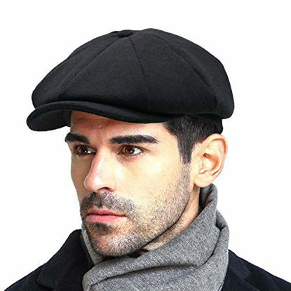 Picture of Mens Vintage Newsboy Gatsby Hat Blend Wool Flat Ivy Cabbie Autumn Winter Cap Boyfriend Gift (L) Black