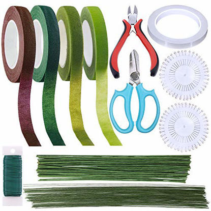 Picture of Supla Floral Arrangement Kit Floral Tools Wire Cutter Stem Floral Trimming Scissors Floral Wire 26 Gauge 22 Gauge Floral Stem Wire 14 Gauge Green Floral Tapes Bouquet Stem Wrap White Pearl Corsage Pin