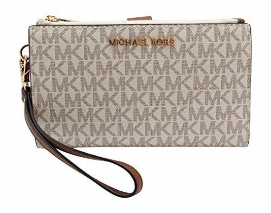 Picture of Michael Kors Jet Set Travel Double Zip Wristlet - Signature PVC (Vanilla PVC/Dark Acorn)