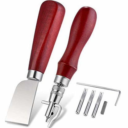 Picture of 7 in 1 Leather Groover Tool and Leather Cutting Knife Set Adjustable Stitching Groover Creasing Edge Beveler Leather Grooving Tool Leather Edging Knife for DIY Leathercraft Cutting