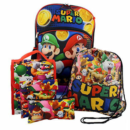 Picture of Super Mario Boys Girls 5 piece Backpack Lunch Bag and Snack Bag School Set (One Size, Multicolor)