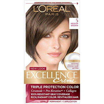 Picture of L'Oreal Paris Excellence Creme Permanent Hair Color, 5 Medium Brown, 100 percent Gray Coverage Hair Dye, Pack of 1