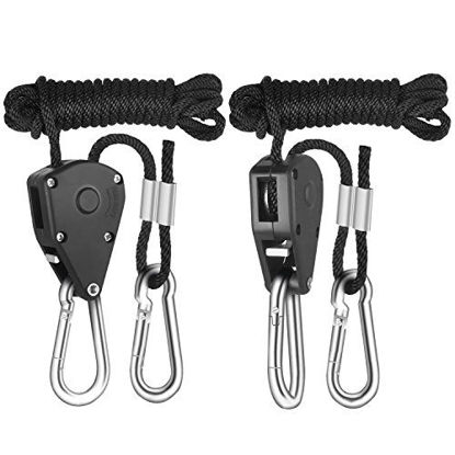 Picture of iPower GLROPE 1-Pair 1/8 Inch 8-Feet Long Heavy Duty Adjustable Rope Clip Hanger (150lbs Weight Capacity) Reinforced Metal Internal Gears, 1 Pack, Black
