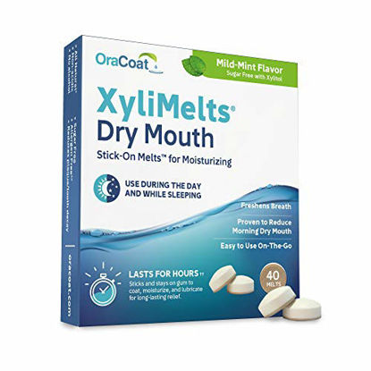 Picture of OraCoat XyliMelts Dry Mouth Relief Moisturizing Oral Adhering Discs Mild Mint with Xylitol, for Dry Mouth, Stimulates Saliva, Non-Acidic, Day and Night Use, Time Release for up to 8 Hours, 40 Count