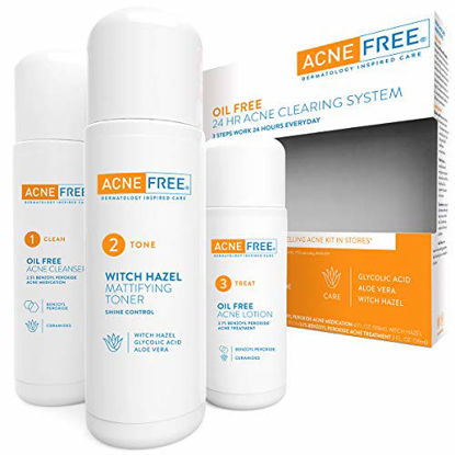 Picture of Acne Free 3 Step 24 Hour Acne Treatment Kit - Clearing System w Oil Free Acne Cleanser, Witch Hazel Toner, & Oil Free Acne Lotion - Acne Solution w/ Benzoyl Peroxide for Teens and Adults - Original