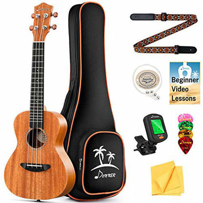 Picture of Donner Concert Ukulele Mahogany 23 Inch Ukelele Starter Bundle Kit with Free Online Lesson Gig Bag Strap Nylon String Tuner Picks Cloth DUC-1 Professional Ukele Ukalalee