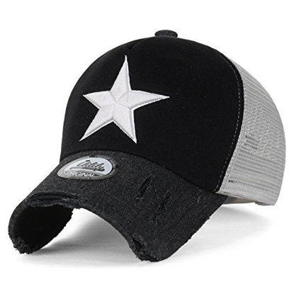 Picture of ililily Star Embroidery tri-Tone Trucker Hat Adjustable Cotton Baseball Cap, Black