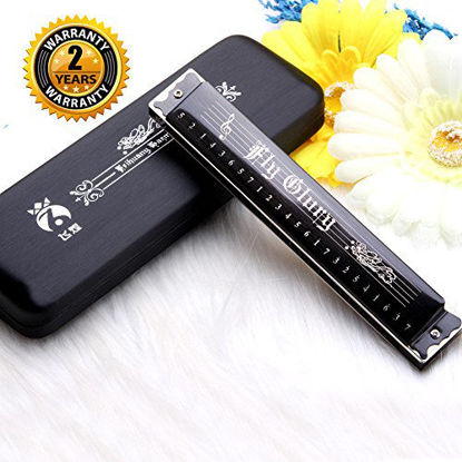 Picture of Best Harmonica C Key 24 Holes Major Diatonic Double Tremolo Beginner Harmonicas for Sale Musical Instrument Accessories Black with Case