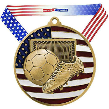 Picture of Decade Awards Soccer Patriotic Medal, Gold - 2.75 Inch Wide Futbol First Place Medallion with Stars and Stripes American Flag V Neck Ribbon