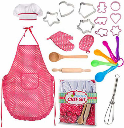 Picture of Famoby 22 Pcs Kids Cooking and Baking Set - Includes Apron for Girls,Chef Hat,Oven Mitt and Other Cooking Utensils for Toddler Chef Career Role Play,Girls Dress up Pretend Play Gift