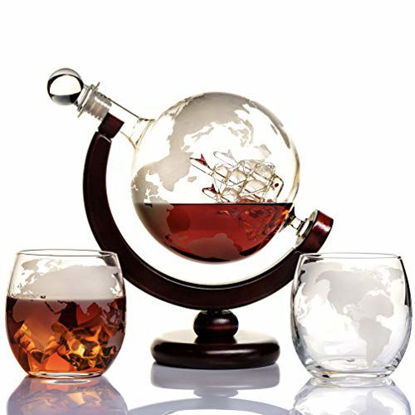 Picture of Whiskey Globe Decanter Set Etched World Globe Decanter for Liquor, Bourbon, Vodka with 2 Glasses in Premium Gift-Box - Home Bar Accessories for Men - Perfect for All Kinds of Alcohol Drinks