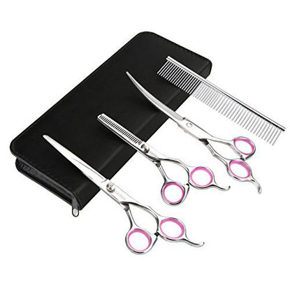 Picture of GEMEK Pet Cat Dog Grooming Scissors Set 4 Pieces Stainless Steel Professional Pet Trimmer Kit - 7.5 inch Straight Cutting Scissors, Thinning Shears, Curved Scissors, Grooming Combs
