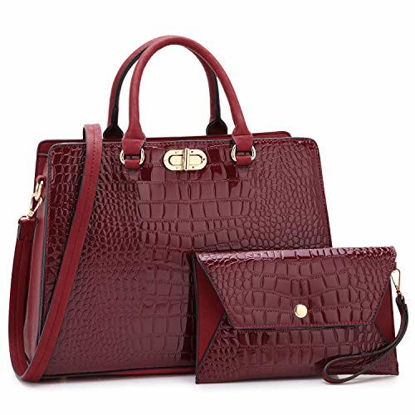 Picture of Dasein Women Handbags Fashion Satchel Purses Top Handle Tote Work Bags Shoulder Bags with Matching Clutch 2pcs Set (alligator wine)