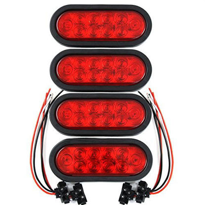 Picture of (4) Trailer Truck LED Sealed RED 6" Oval Stop/Turn/Tail Light Marine Waterproof Including 3-pin Water Tight Plug DOT/SAE with Wires and Grommet