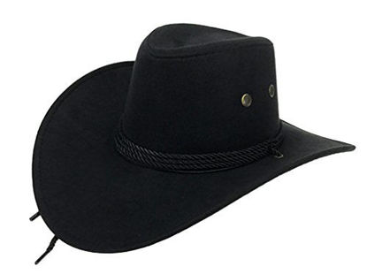 Picture of UwantC Mens Faux Felt Western Cowboy Hat Fedora Outdoor Wide Brim Hat with Strap Black