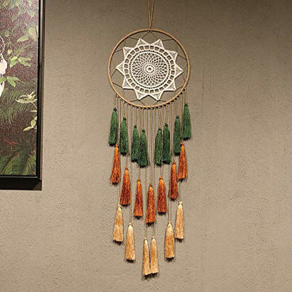 Picture of Artilady Macrame Dream Catchers for Bedroom - Tassel Wall Hanging Handmade Dreamcatchers Home Decor with Tassel Feather Ornament Craft Blessing Gift (Green Mix)