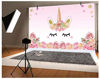 Picture of Laeacco 5x3ft Photography Background Unicorn Birthday Party Photo Backdrop Background Watercolor Flowers Roses Cute Stars Smiling Face Baby Shower Unicorn Head Sweet Pink Girls Photo Portrait Stduio