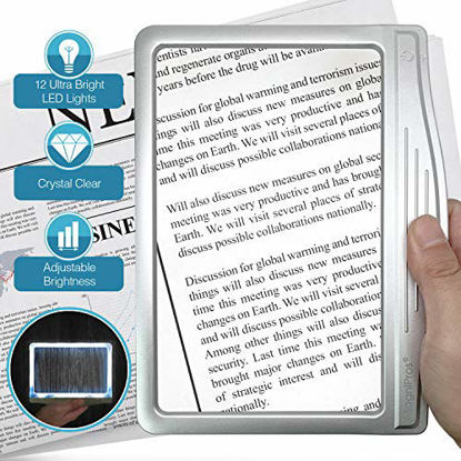 Picture of MagniPros 3X Large Ultra Bright LED Page Magnifier with 12 Anti-Glare Dimmable LEDs(Evenly Lit Viewing Area & Relieve Eye Strain)-Ideal for Reading Small Prints & Low Vision Seniors with Aging Eyes