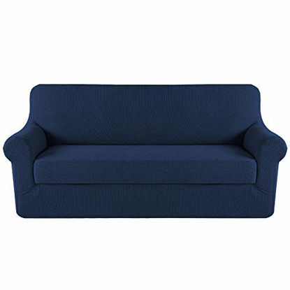 Picture of H.VERSAILTEX Stretch Sofa Covers 2 Piece for 3 Cushion Couch Covers Sofa Slipcovers Furniture Covers (Base Cover & Seat Cushion Cover) Feature Deluxe Textured Jacquard (Standard Sofa, Navy)