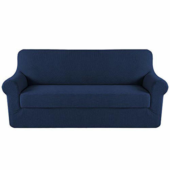 Picture of H.VERSAILTEX Stretch Sofa Covers 2 Piece for 3 Cushion Couch Covers Sofa Slipcovers Furniture Covers (Base Cover & Seat Cushion Cover) Feature Deluxe Textured Jacquard (Standard Sofa, Navy)