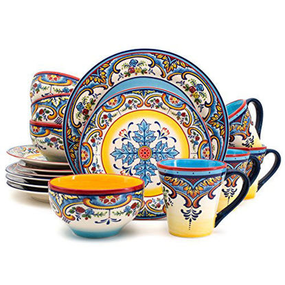Picture of Euro Ceramica Zanzibar Collection 16 Piece Dinnerware Set Kitchen and Dining, Service for 4, Spanish Floral Design, Multicolor, Blue and Yellow