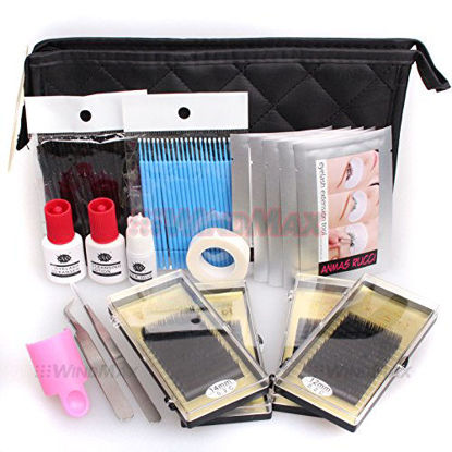 Picture of 15 IN 1 Full Individual Eyelash Extensions C Curl Eyelahes Lashes Strip Graft Glue Lint-Free Under Patch Pad Tweezers Cleansing Lotion Tools Case Bag Set
