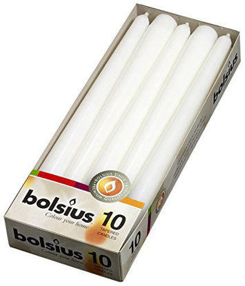 Picture of BOLSIUS Long Household White Taper Candles - 10-inch Unscented Premium Quality Wax - 7.5 Hour Long Burning Dripless Candles Bulk Pack of 10 for Home Decor, Wedding, Parties and Special Occasions